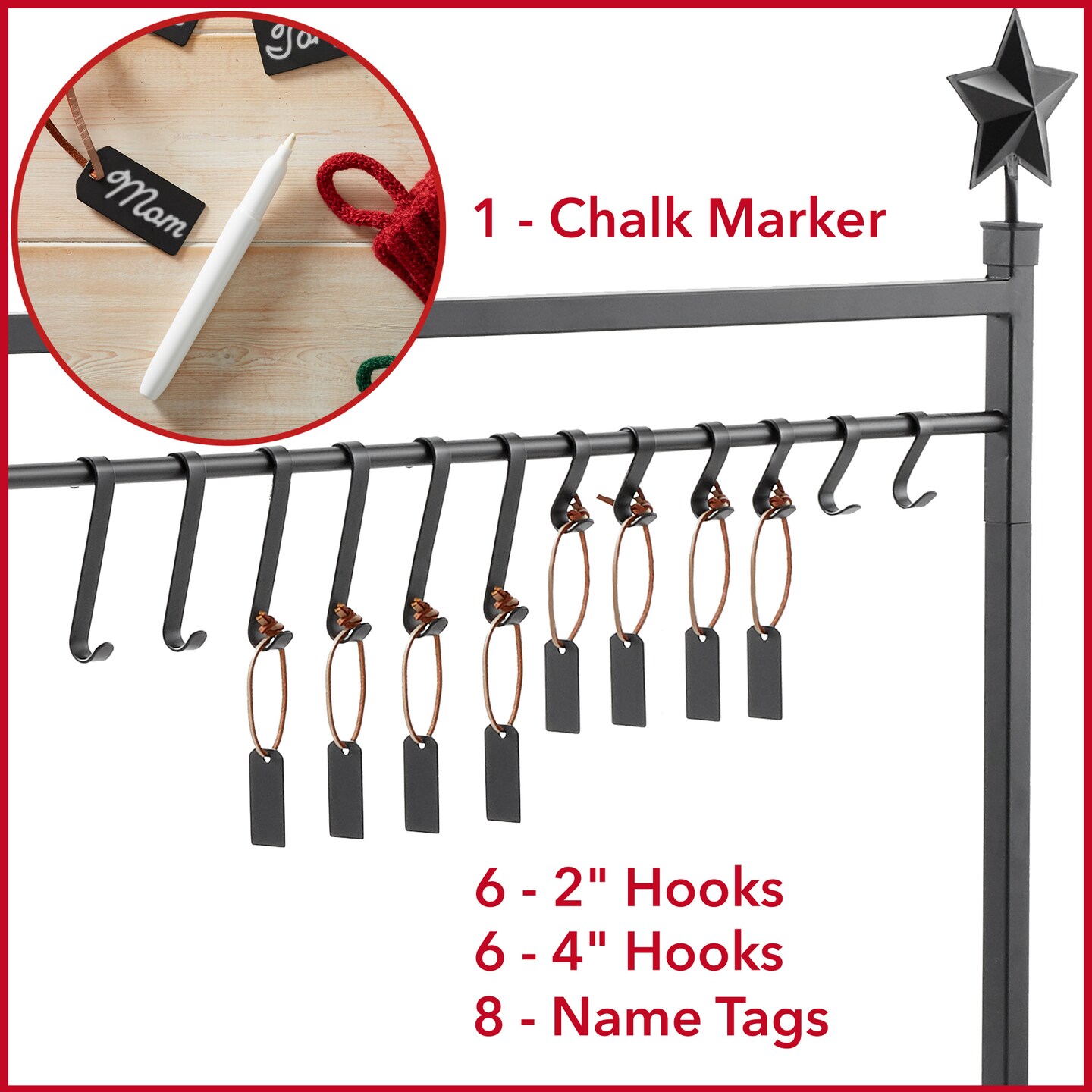 Casafield 3ft Christmas Stocking Holder Stand, Holiday Decor Hanger Display for Home with 12 Hooks, Name Tags, and Chalk Marker