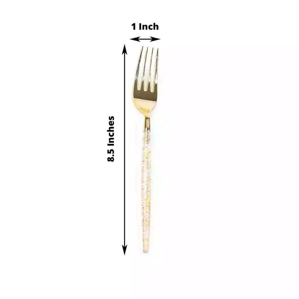 24 Clear 8.5&#x22; Plastic Forks Gold Glittered Handle Disposable Party Tableware