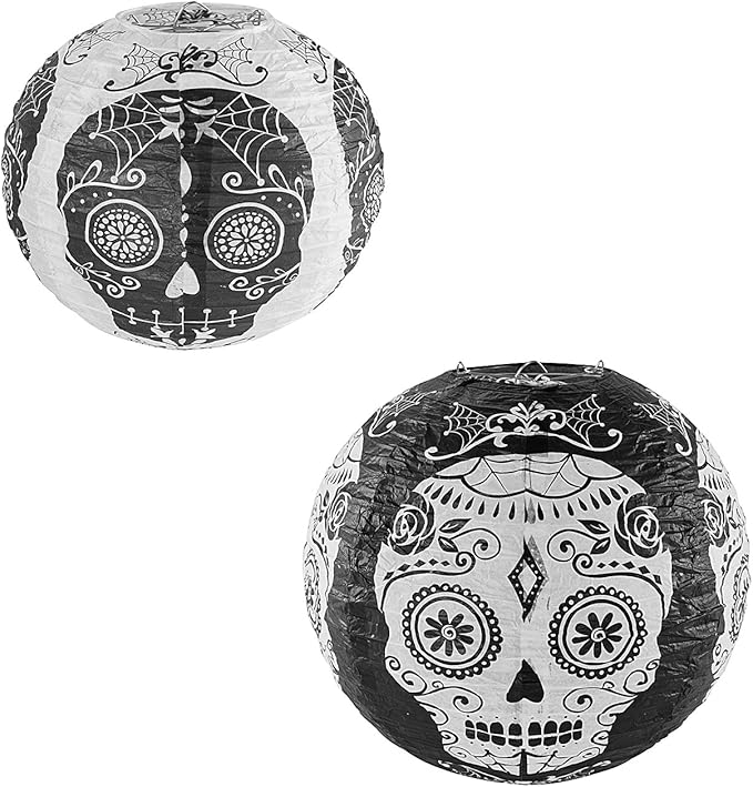 Skull Design Day of The Dead Chinese/Japanese Hanging Black/White Paper Lanterns Metal Frame for Spooky Scary Halloween Party, Home Lamps, Haunted House Event Decoration (Set of 6)