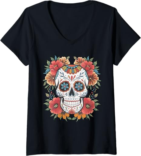 Womens Mexican Skull Dia De Muertos Day of the Dead Floral V-Neck T-Shirt
