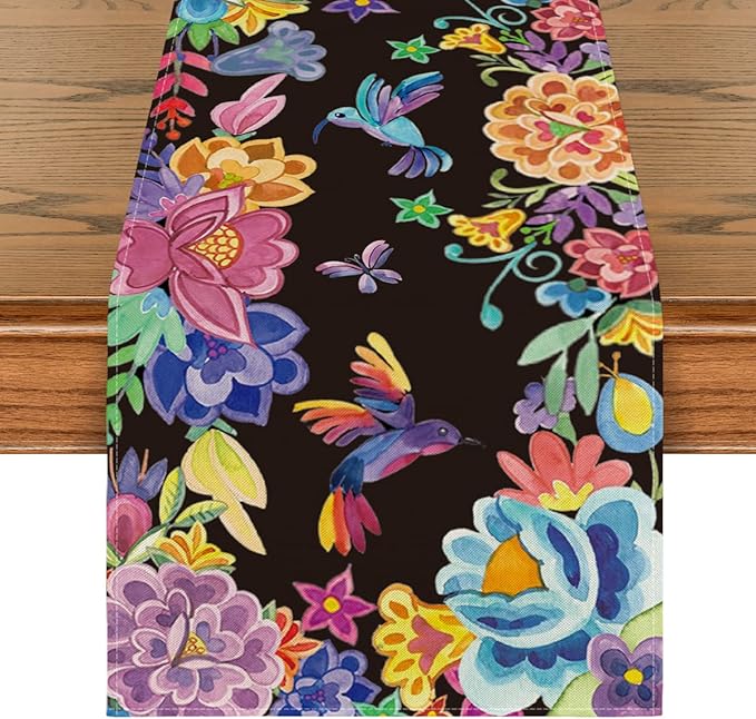 Floral Bird Dia De Los Muertos Fiesta Mexican Table Runner, Mexico Day of The Dead Kitchen Dining Table Decoration for Home Party Decor 13x72 Inch