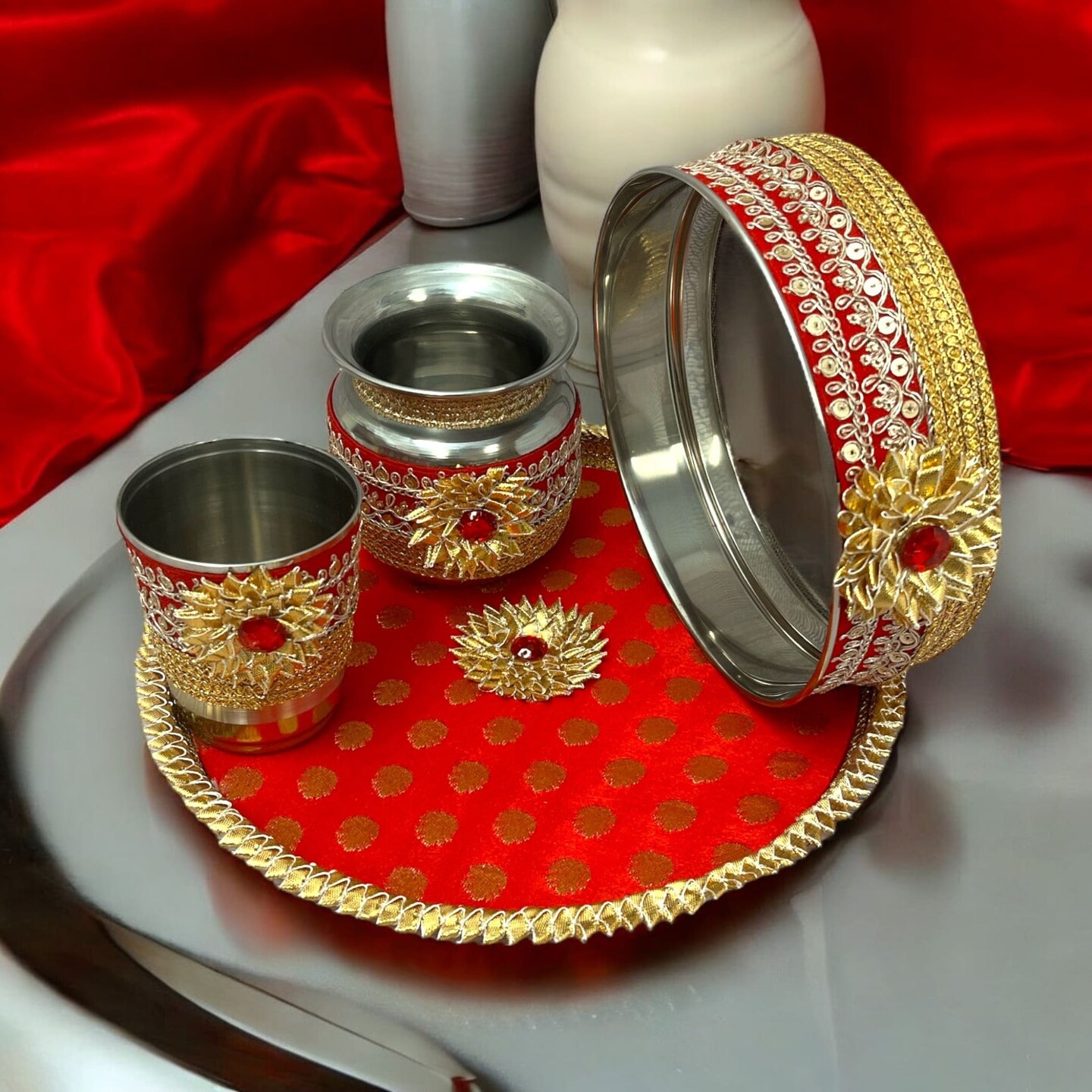 Karvachauth Ritual Kit | Indian Karwachauth newest Puja Thali Set | Karwa Chauth Pooja | Karwachoth Thali Channi Glass Lota Potli | Bridal Gift