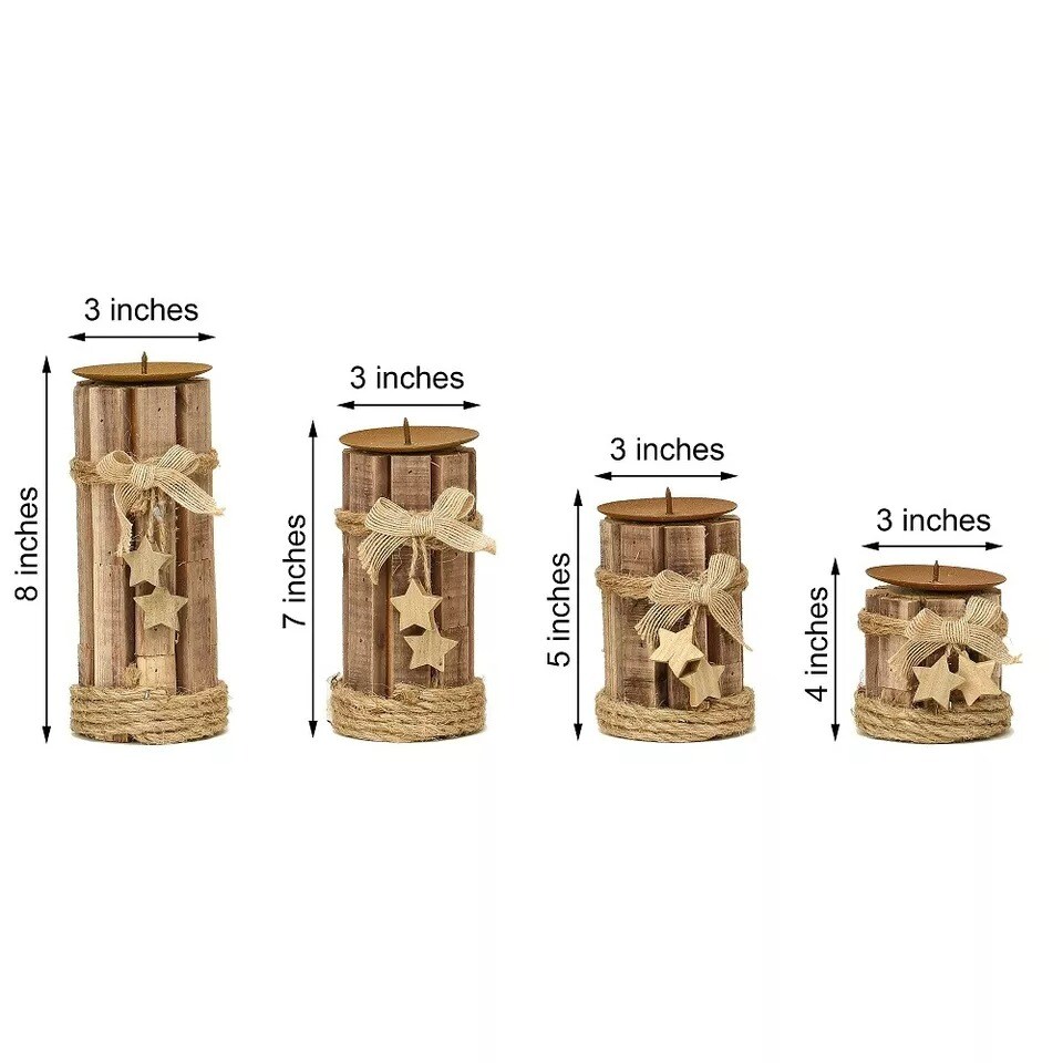 4 pcs Natural Assorted Wood Candle Holders with String Ribbons and Stars