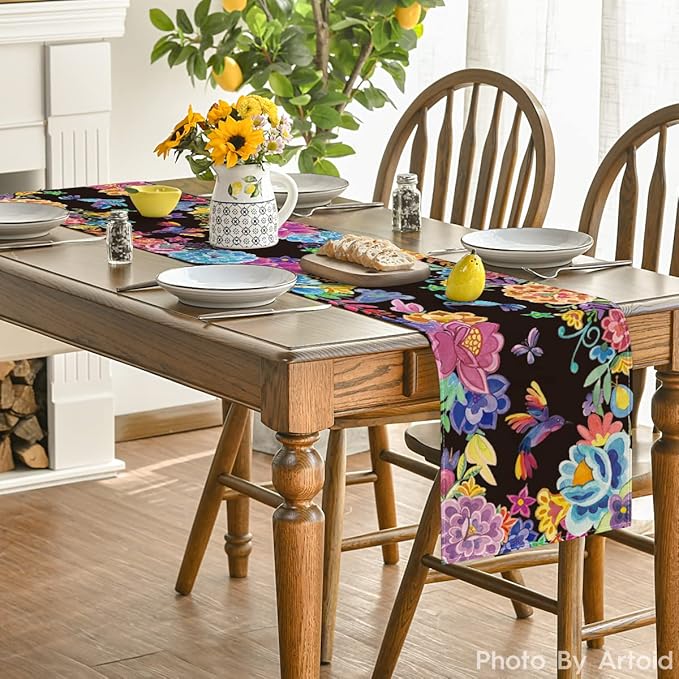 Floral Bird Dia De Los Muertos Fiesta Mexican Table Runner, Mexico Day of The Dead Kitchen Dining Table Decoration for Home Party Decor 13x72 Inch