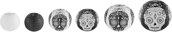 Skull Design Day of The Dead Chinese/Japanese Hanging Black/White Paper Lanterns Metal Frame for Spooky Scary Halloween Party, Home Lamps, Haunted House Event Decoration (Set of 6)