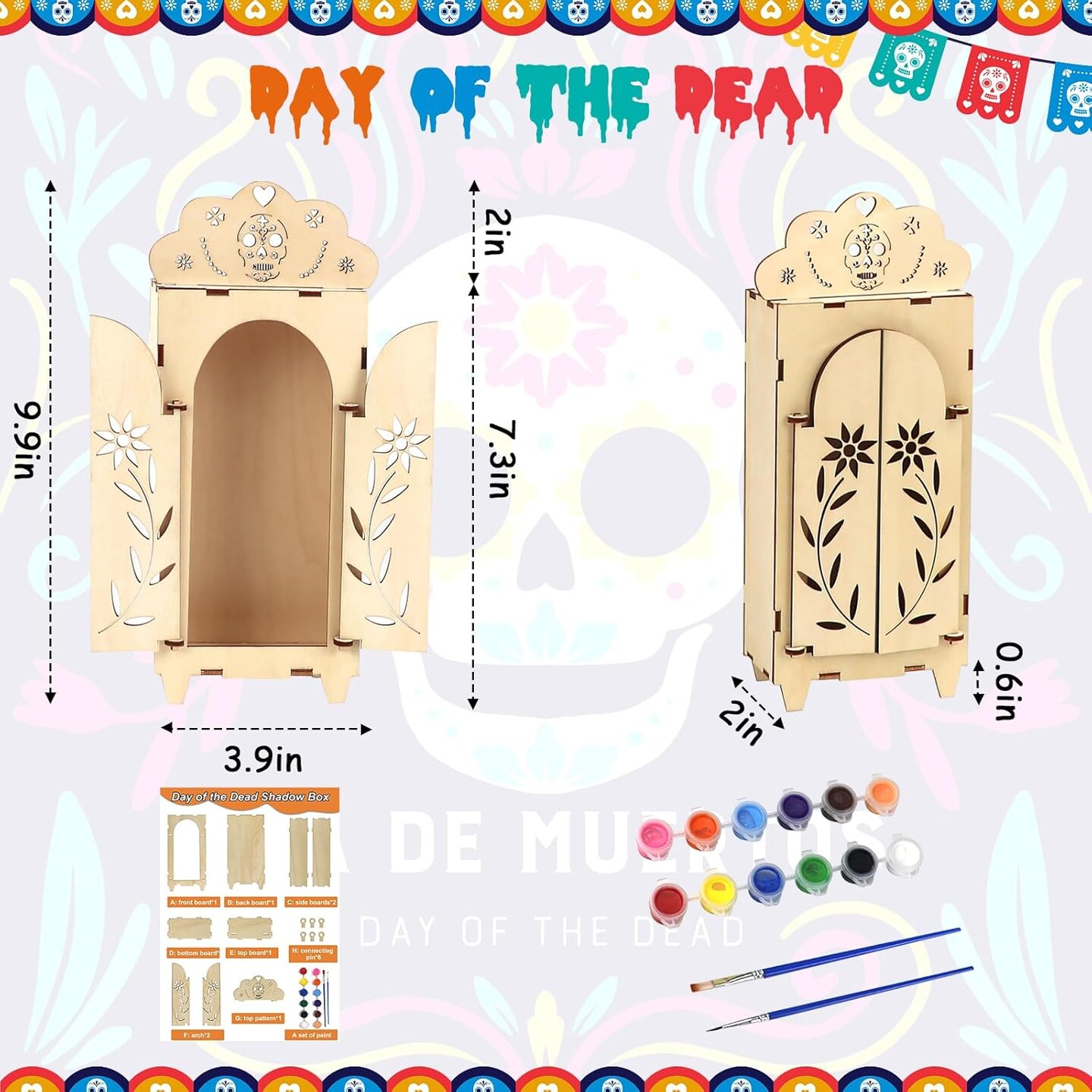 Dia De Los Muertos Altar Shadow Box - Wooden Day of The Dead Ofrenda Shadow Box - Crafts Ofrenda Decorations - DIY Skull Papel Picado Mexican Picture Frames Shrine Box (1PCS)