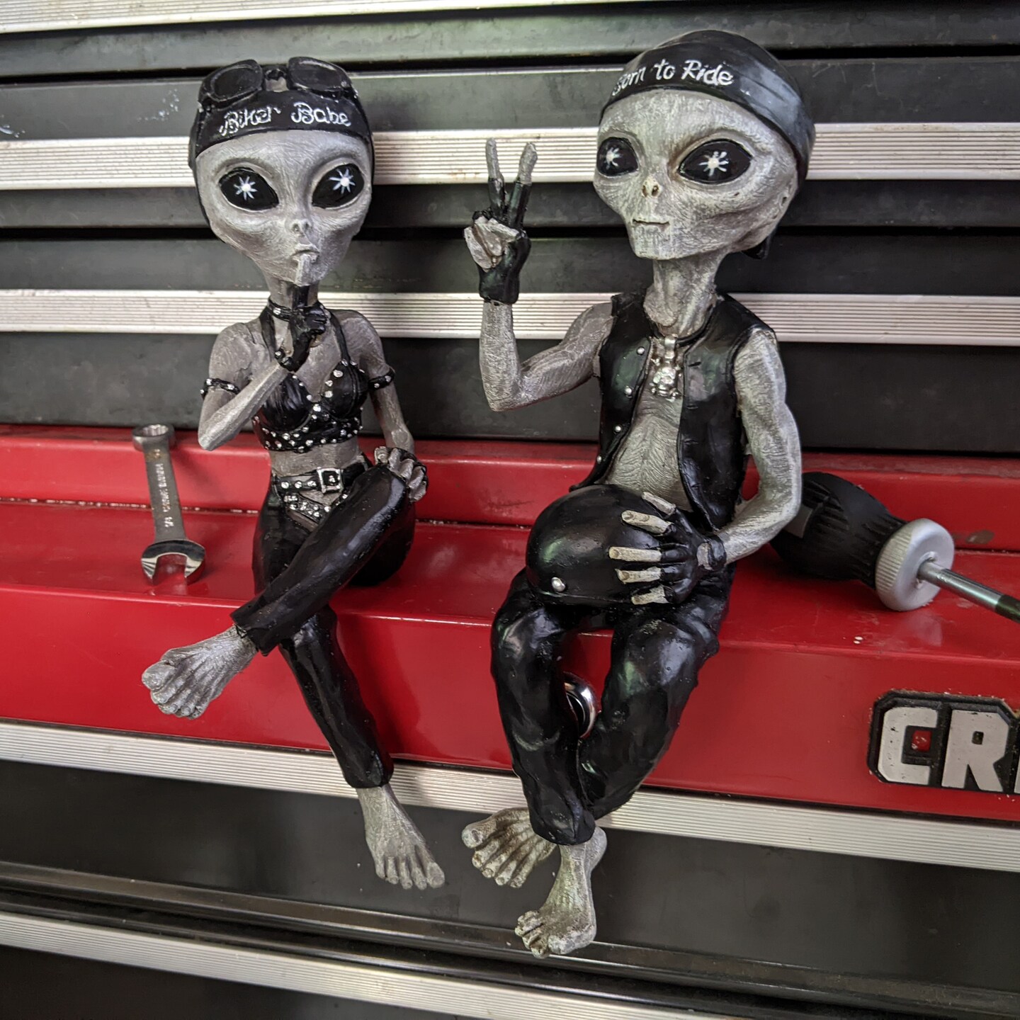 Alien Invasion Biker Babe and Biker Dude Ledge Loungers “Peace and