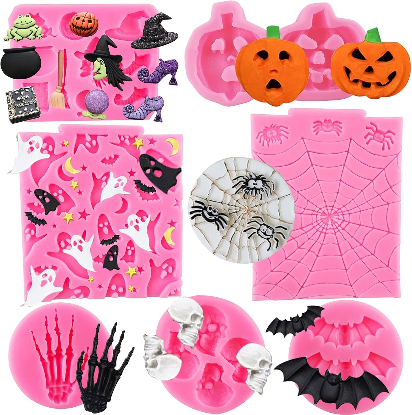 Halloween Silicone Mold 7 Pack Pumpkin Silicone Cake Mold Cupcake Chocolate Mold Skull Batskeleton Hand Bat Ghost Witch Candy Mold for Halloween Party