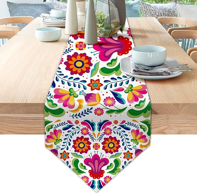 Mexican Table Runners for Fiesta Day of The Dead Dia De Los Muertos Cinco De Mayo Linen Rustic Home Dining Room Kitchen Table Decorations (Mexican 01)