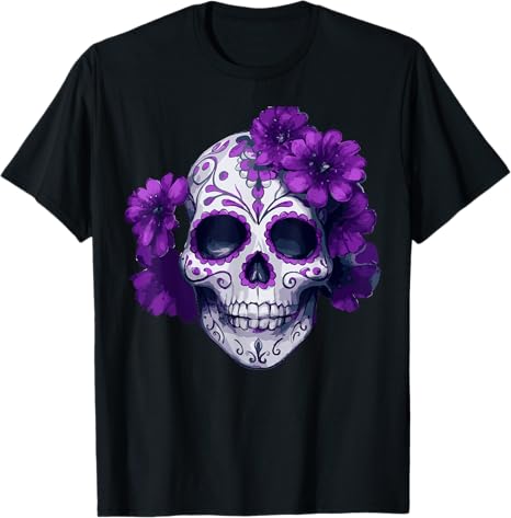 Purple Floral Black Sugar Skull Day Of The Dead Mexican Pray T-Shirt