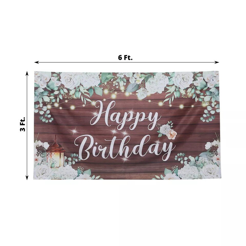 6 ft x 3 ft White Brown Wood Floral Printed Backdrop Happy Birthday Banner Party