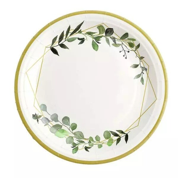 24 White 9&#x22; Round Paper Plates Eucalyptus Geometric Gold Rim Design Party Events