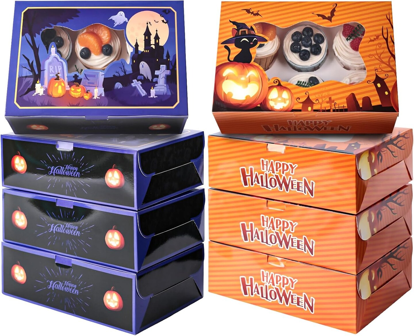 6 Count Halloween Cupcake Boxes, 8 Sets Halloween Treat Boxes Cupcake Containers with Window for Birthday Holiday Bakery Supplies Halloween Party Decorations 9.5&#x22;x6.3&#x22;x3&#x22;