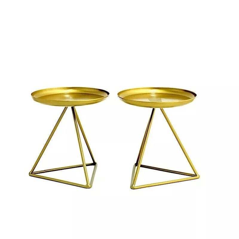 2 Geometric Gold 5&#x22; Metal Pillar Candle Holders Triangle Base Party Decorations