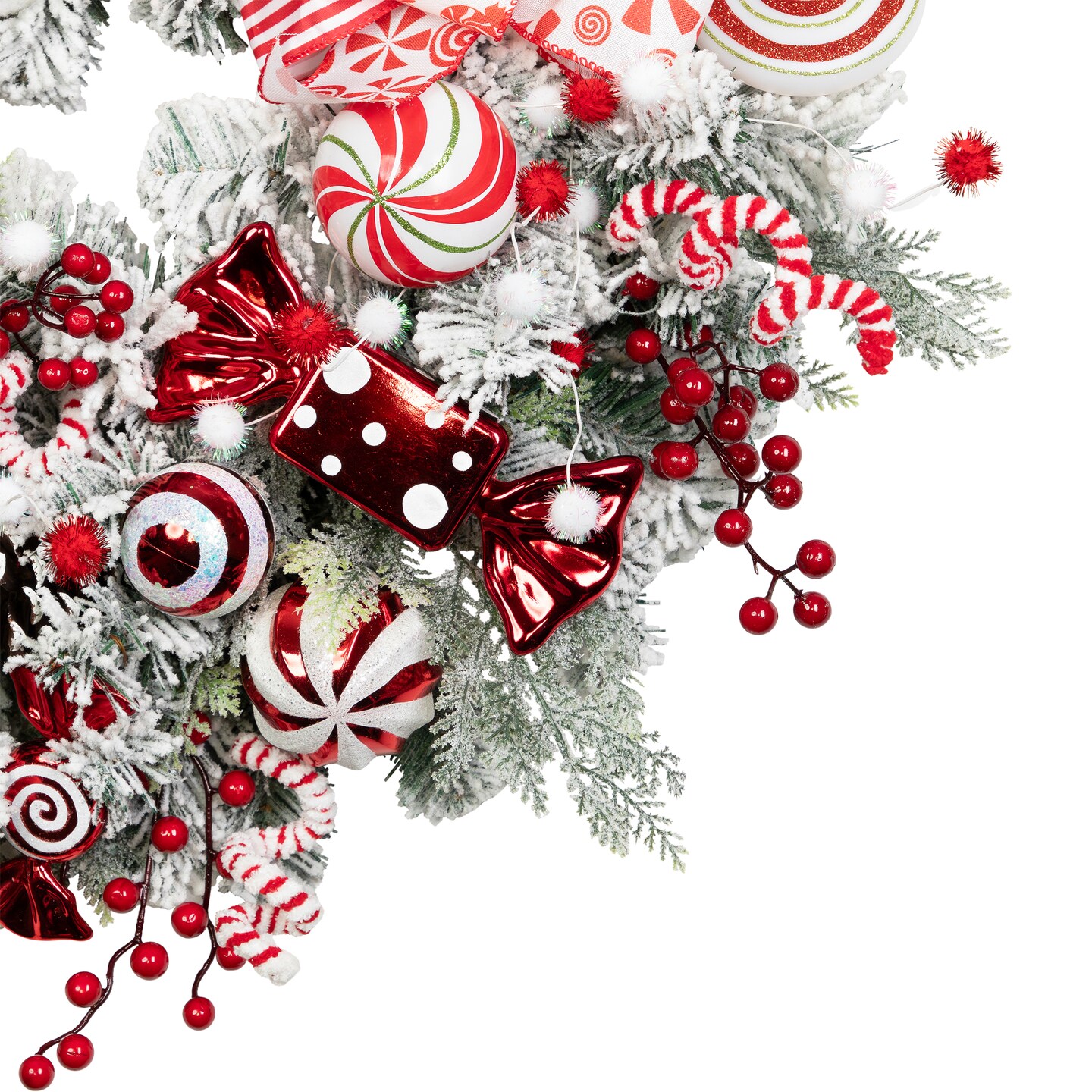 Northlight Heavily Flocked Pine with Candy Cane Striped Ornaments Christmas Wreath - 28&#x22; - Unlit