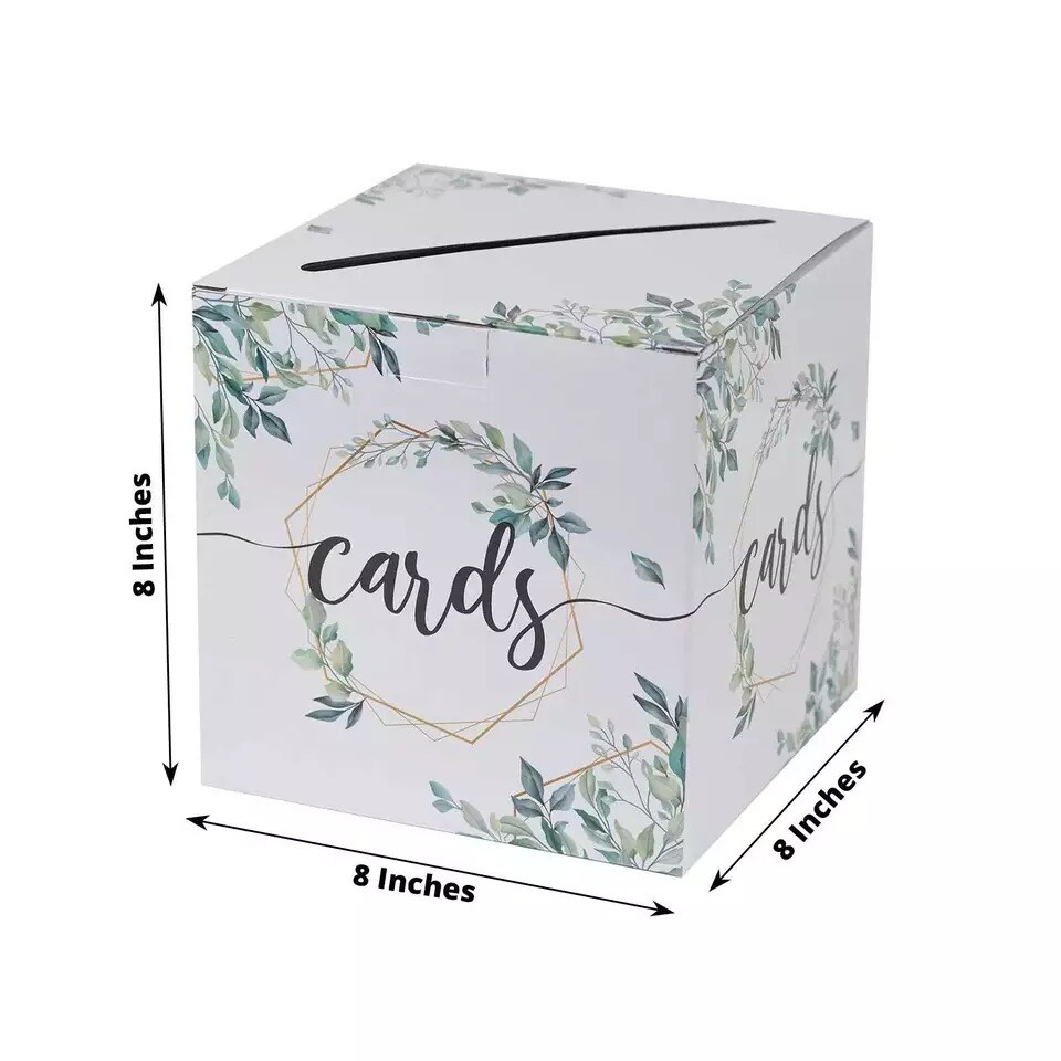 8" x 8" White Gold Greenery Theme Money Card Box Geometric Foil Print Events