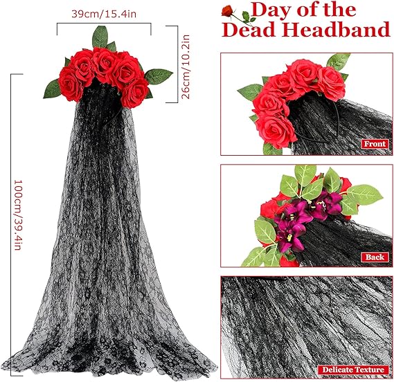 2 Pieces Day of The Dead Veil Headband Headpiece Mexican Headband Rose Floral Crown Veil and Lace Choker Lace Rhinestone Necklace Halloween Costume
