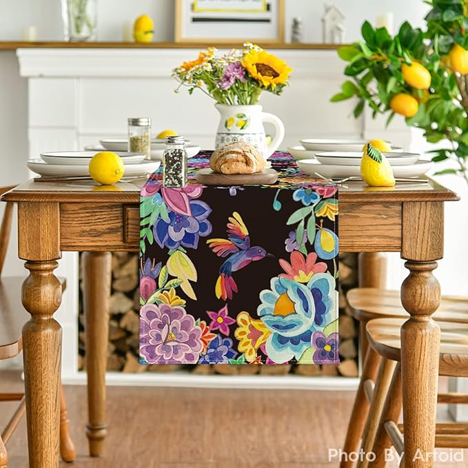 Floral Bird Dia De Los Muertos Fiesta Mexican Table Runner, Mexico Day of The Dead Kitchen Dining Table Decoration for Home Party Decor 13x72 Inch