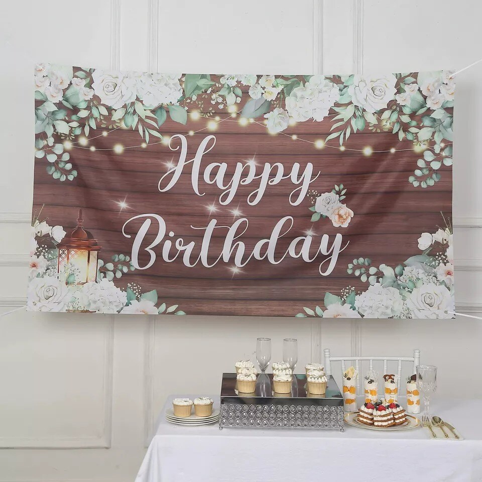 6 ft x 3 ft White Brown Wood Floral Printed Backdrop Happy Birthday Banner Party