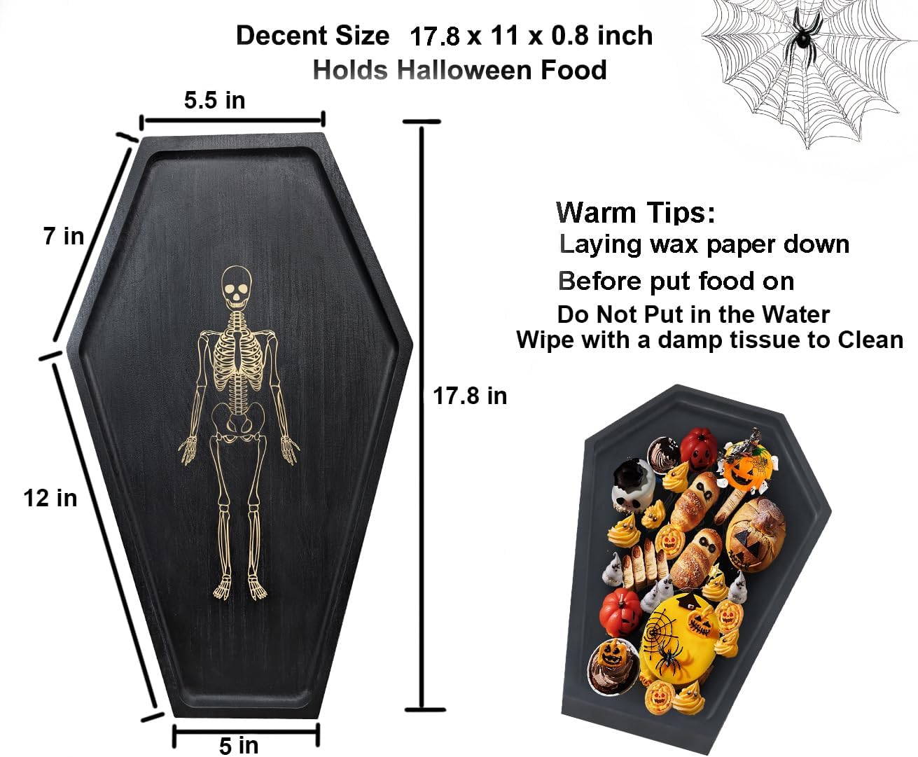 17.8'' Tall Halloween Coffin Charcuterie Boards with Engraved Skeleton Decor - Halloween Serving Trays and Platters Horror Party Decorations, Halloween Food Tray Cheese Dishes Accessories