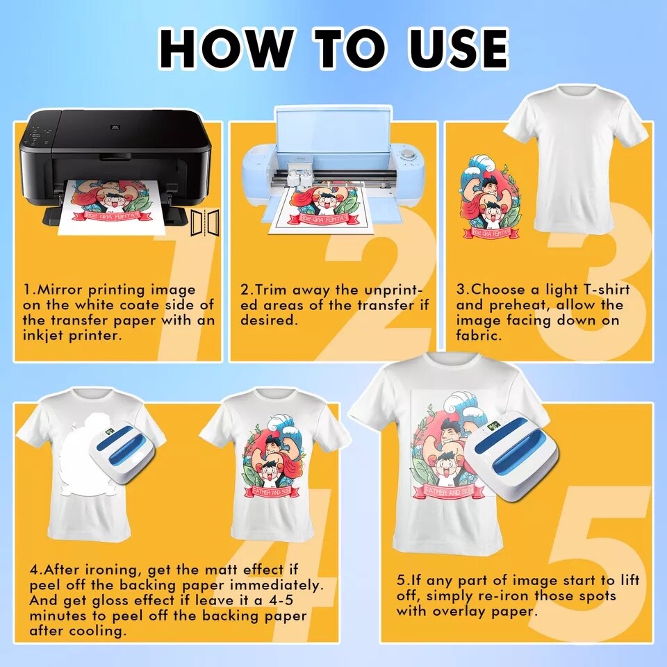Inkjet Printable Iron-on Light Fabrics Heat Transfer Paper 8.5&#x201D;x11&#x201D;
