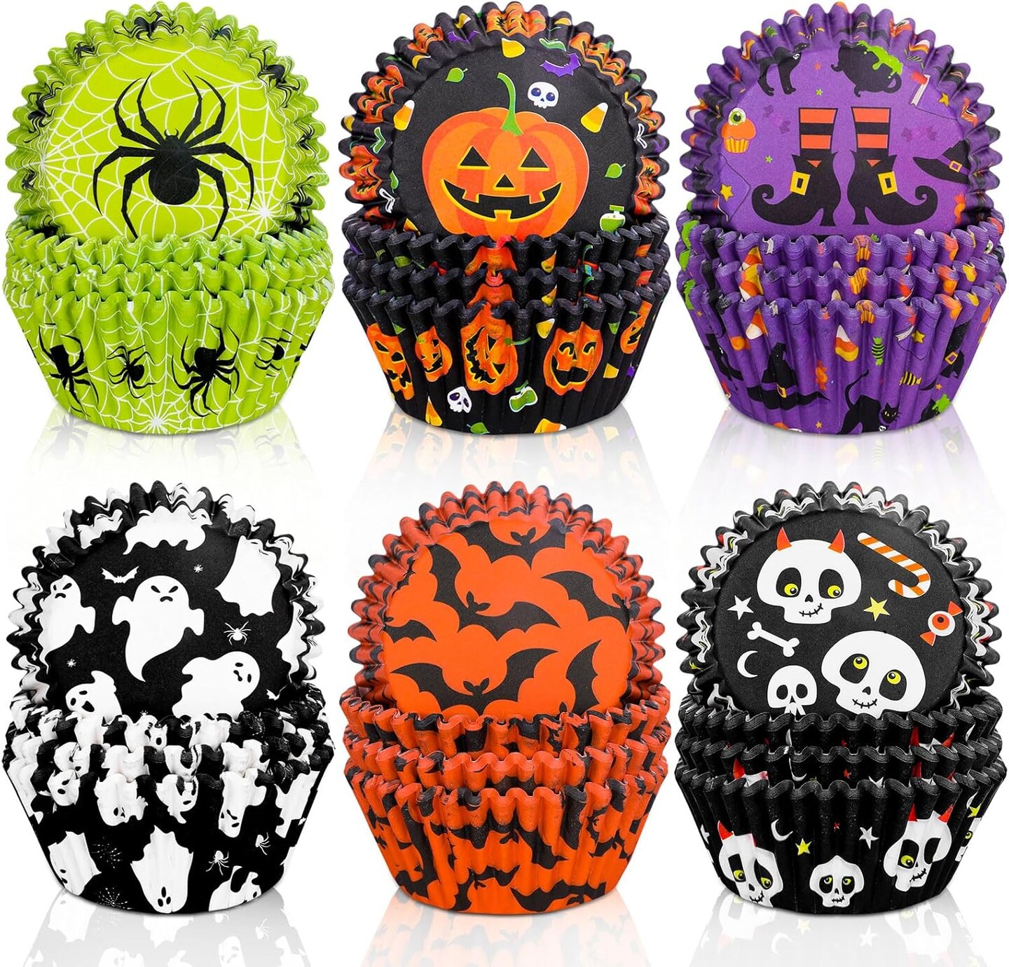 600Pcs Halloween Cupcake Liners Pumpkin Witch Legs Bats Ghosts Spiders Skulls Cupcake Wrappers Baking Cups Holders Muffin Baking Liners for Halloween Party Supply