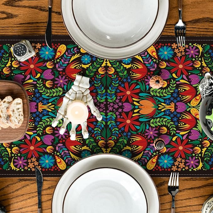 Dia De Los Muertos Floral Fiesta Mexican Table Runner, Mexico Day of The Dead Kitchen Dining Table Decoration for Home Party Decor 13x72 Inch