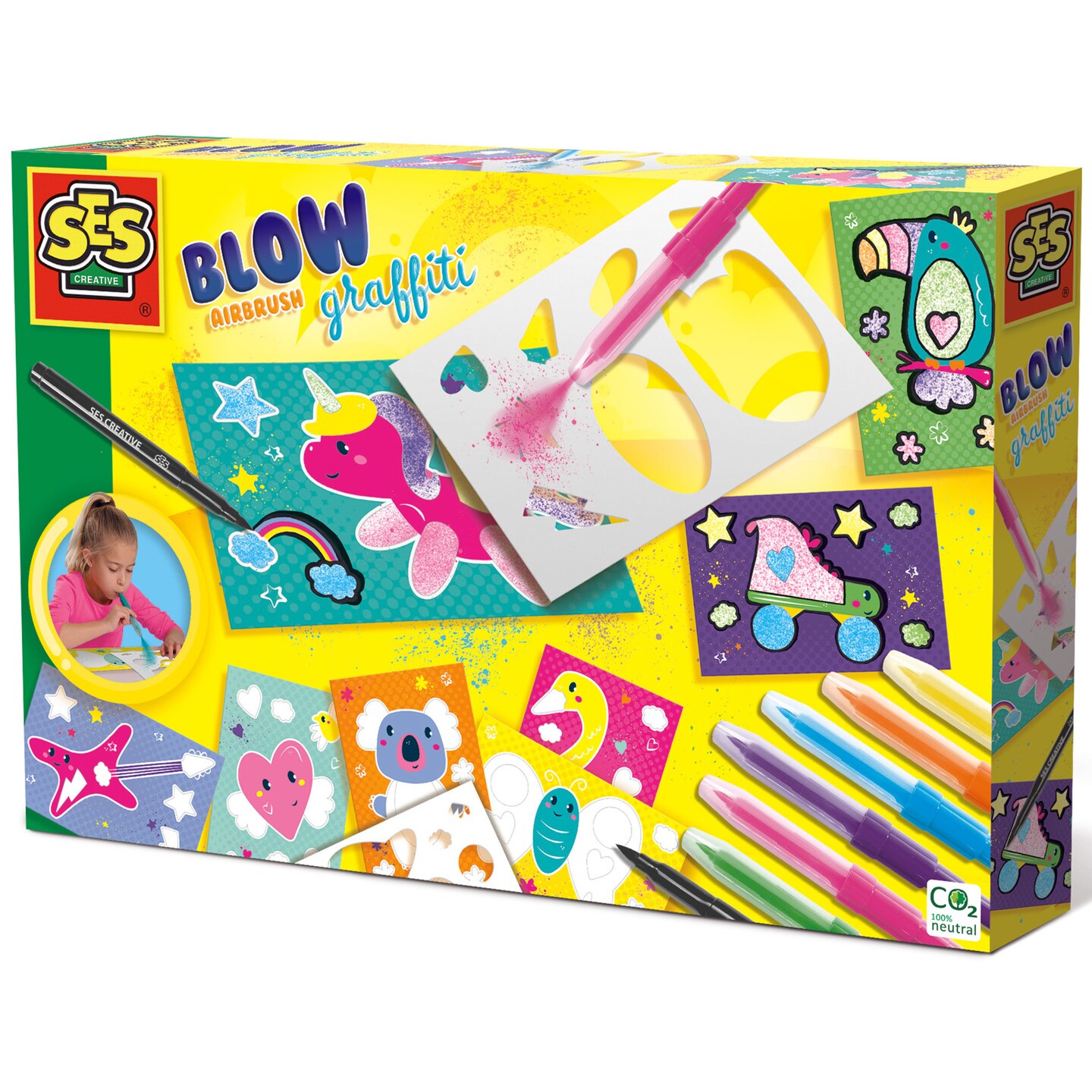 SES Creative: Blow Airbrush Graffiti Kit - DIY Art & Craft Set, 6 Colored Blow Airbrush Pens, 2 Templates, Printed & Blank Coloring Sheets, Kid Age 6+