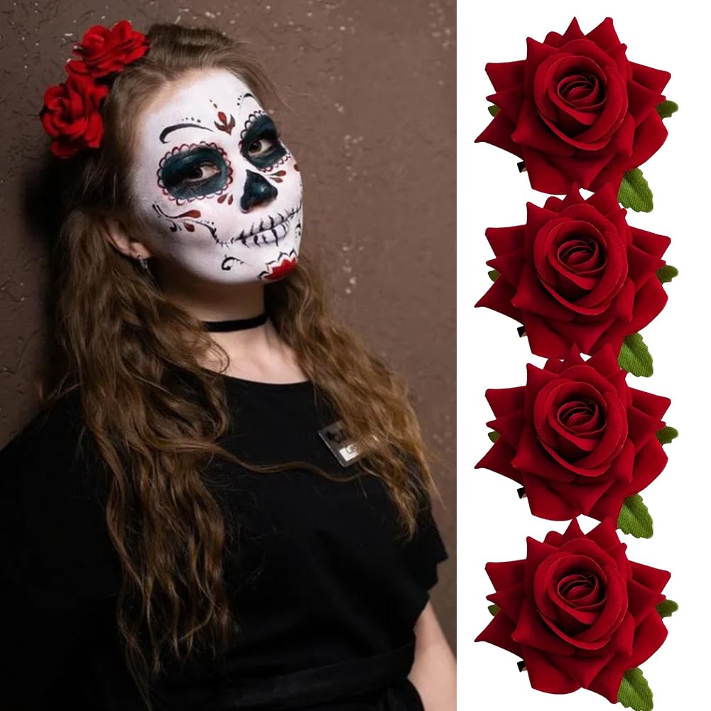 Rose Floral Pin up for Halloween Costume Decoration, Mexican Fabric Rose Flowers Brooch Hair Clip Headpieces for Woman Girl Day of the Dead (4 Pcs)