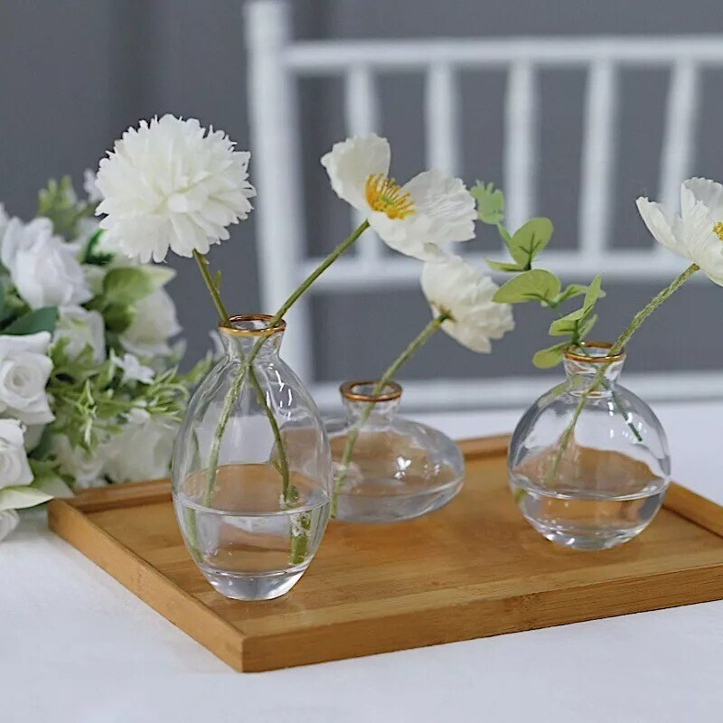 3 Clear Small Glass Flower Vases Centerpieces Metallic Gold Rim Party Events
