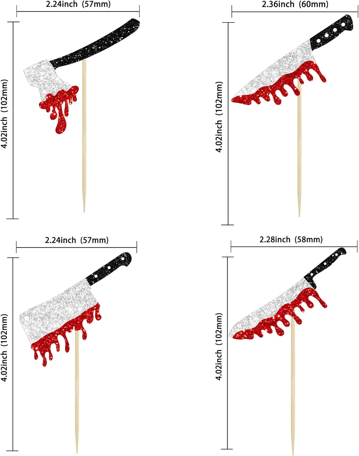 24Pcs Halloween Cupcake Toppers Glitter Horror Blood Knife Cupcake Picks Killer Birthday Cake Decorations for Halloween Blood Knife Theme Birthday Party Supplies