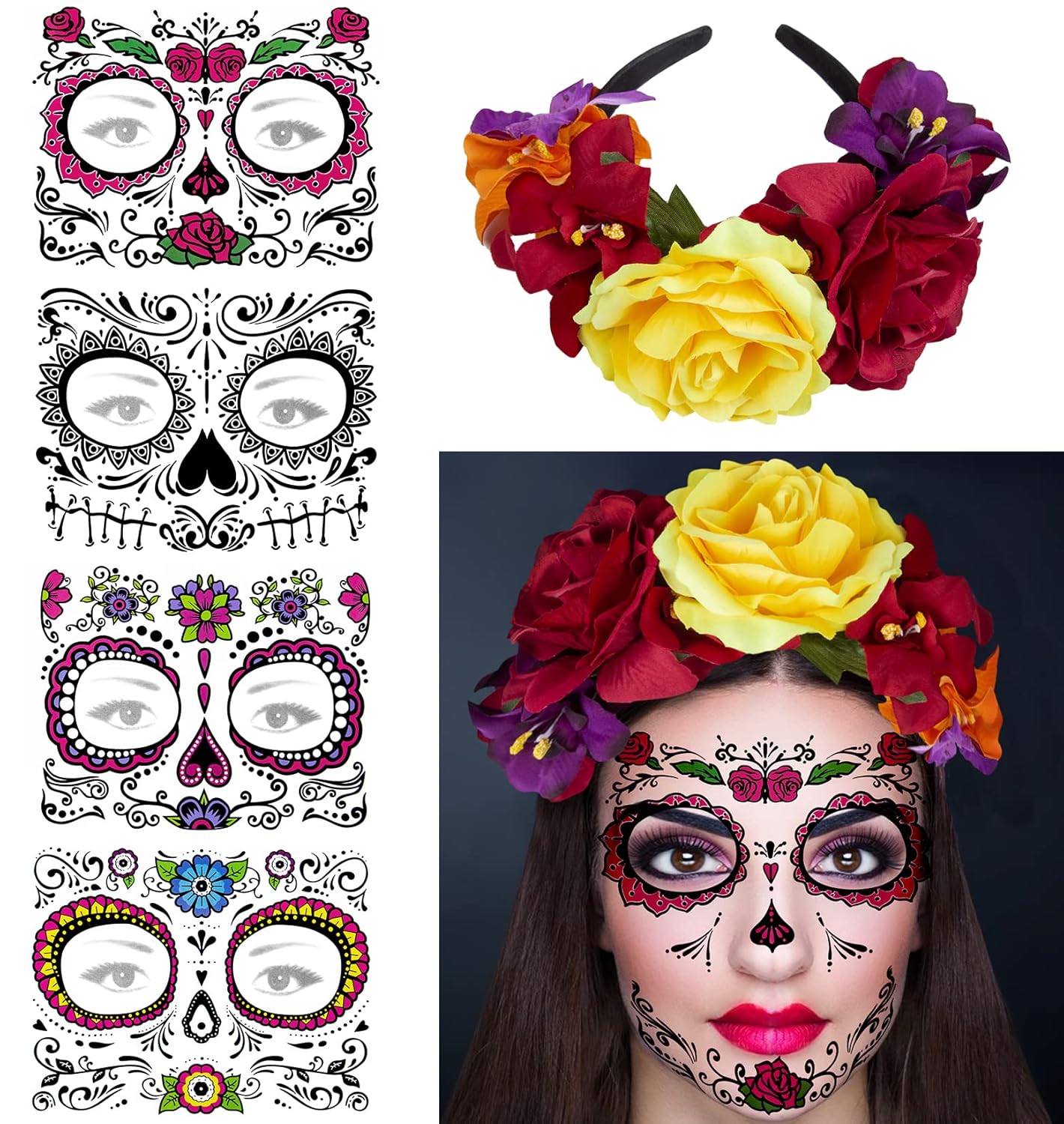 Rose Flower Halloween Headband &#x26; Day of the Dead Face Tattoos, Temporary Tattoo Stickers and Mexican Floral Headpiece for Halloween Costumes Party Supplies Cosplay Festival , Day Of the Dead headband