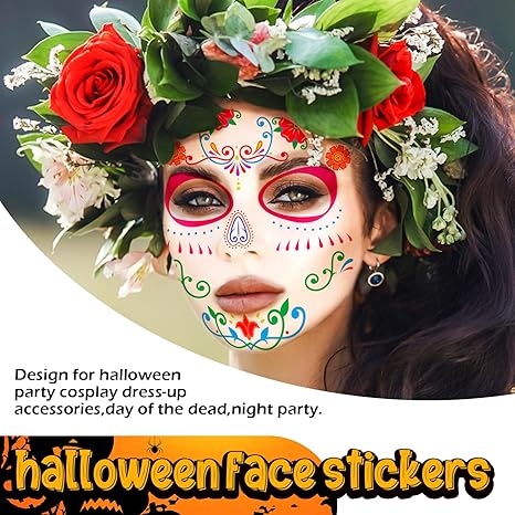 Day of the Dead Face Temporary Tattoos, 10 Sheets Halloween Floral Sugar Skull Temporary Face Tattoos Stickers Makeup Kit on Cheek Eye Forehead Nose Mouth for Halloween Masquerade Party