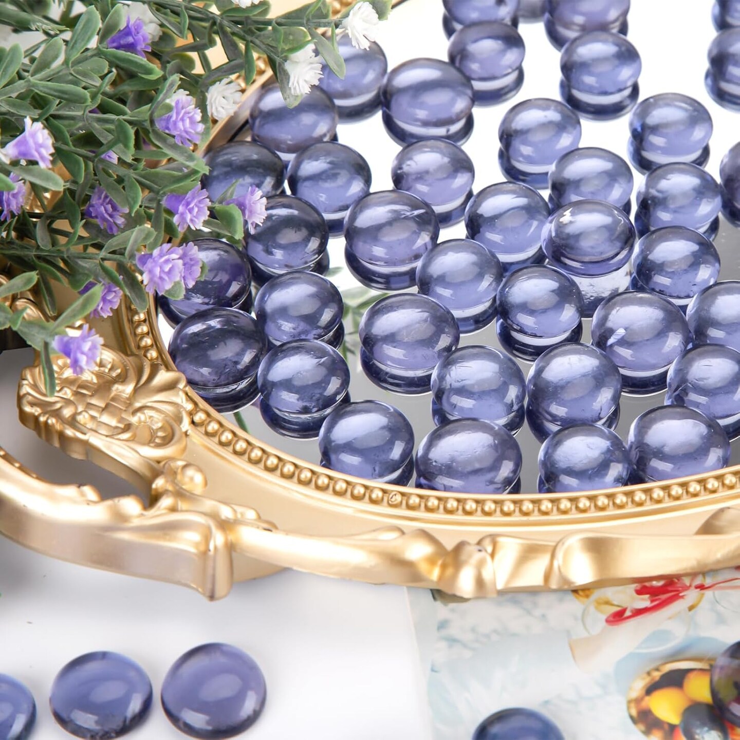 1LB Purple Flat Glass Marbles, Premium Purple Aquarium Rocks Fish Tank Gravel Stones Bulk Pebbles Decorative Beads for DIY Crafts Vase Fillers Table Scatter Decor