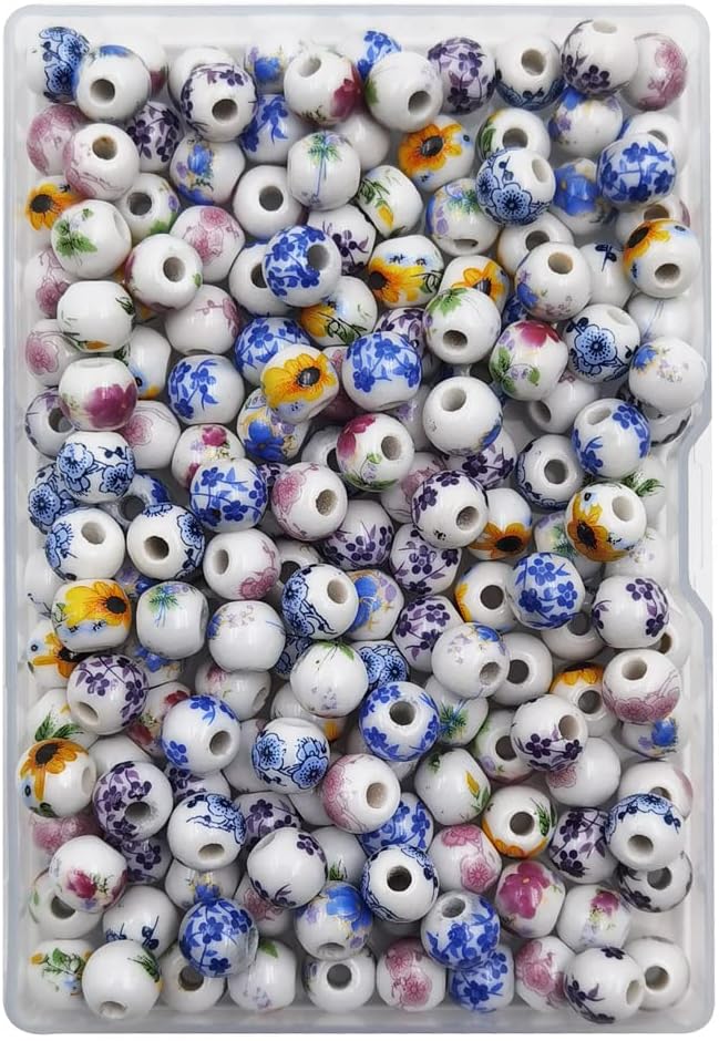 180 Pieces Porcelain Beads Chinese Round Ceramic Beads 8mm for Handmade Jewelry Making Bracelets Necklace Making, Flower