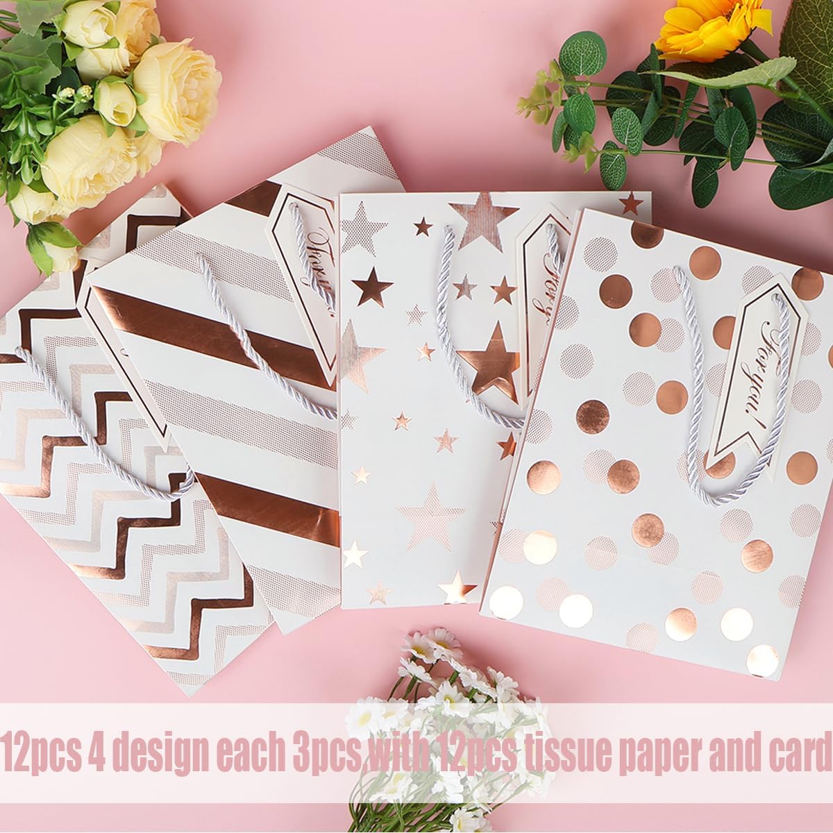 12pcs 9" Gift Bags, Medium Size Paper Bags with Tissue Paper, White Gold Wrap Paper Gift Bags with Handles for Shopping Party Wedding Baby Shower Holiday Presents (Rose Gold)