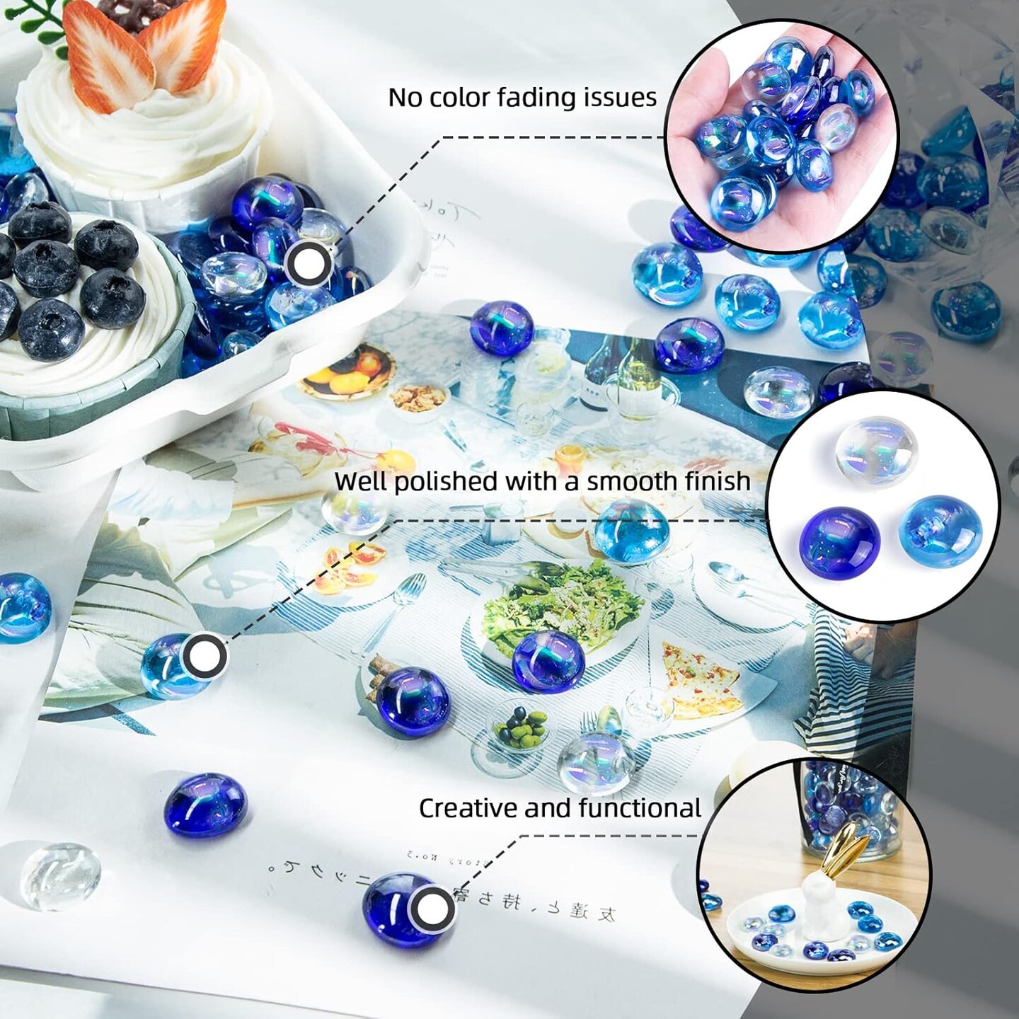 65PCS Iridescent Blue Flat Marbles, Decorative Glass Pebbles Beads Vase Fillers Decorative Fish Tank Aquarium Rocks for Centerpieces Table Decor