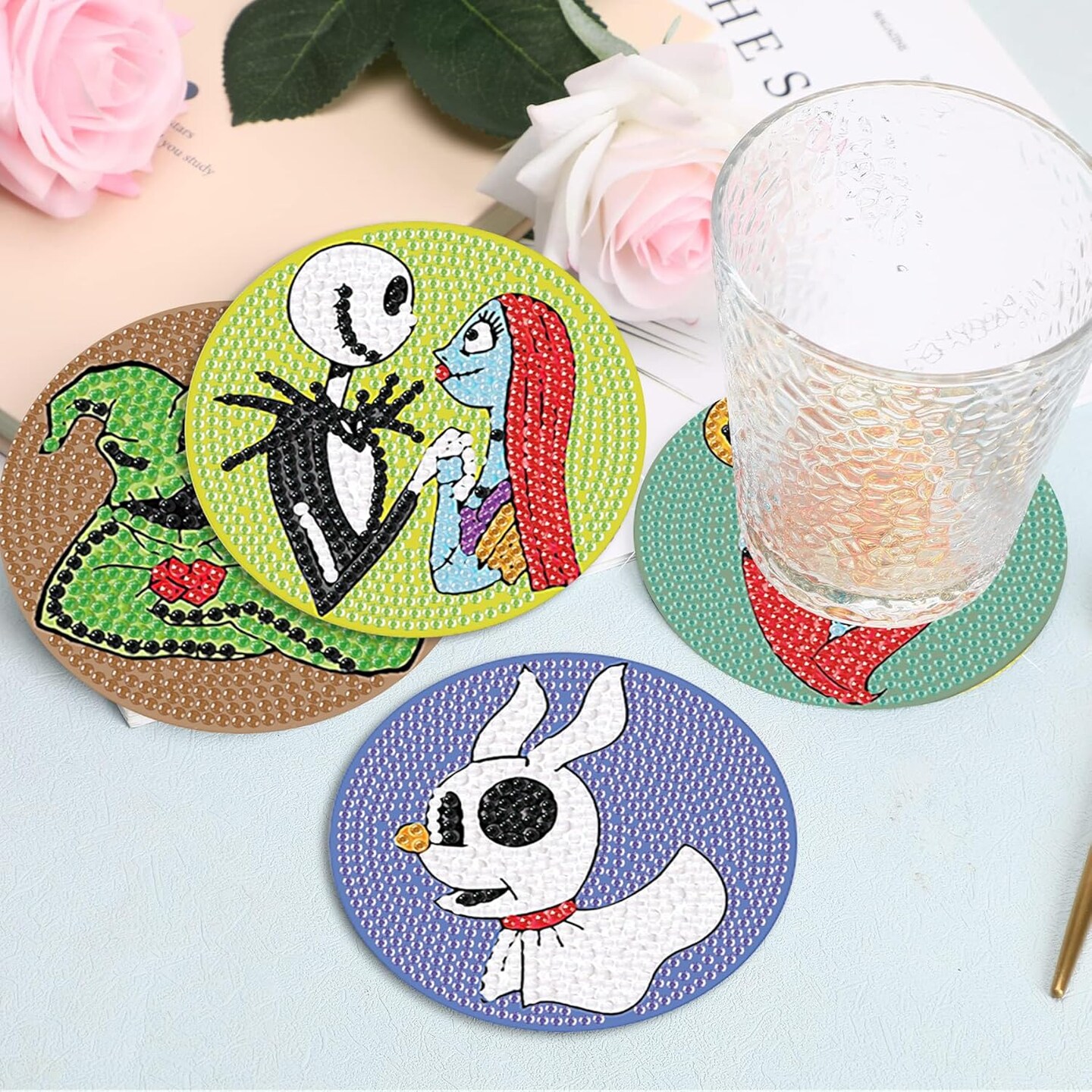8Pcs Diamond Painting Coasters with Holder,DIY Halloween Life Coaster