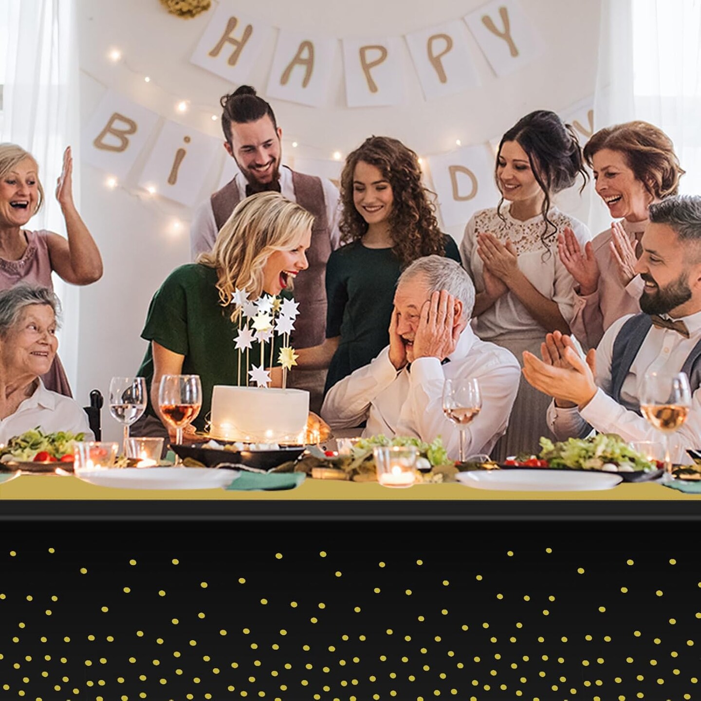 12 Pack Black and Gold Tablecloth and Table Runner Set