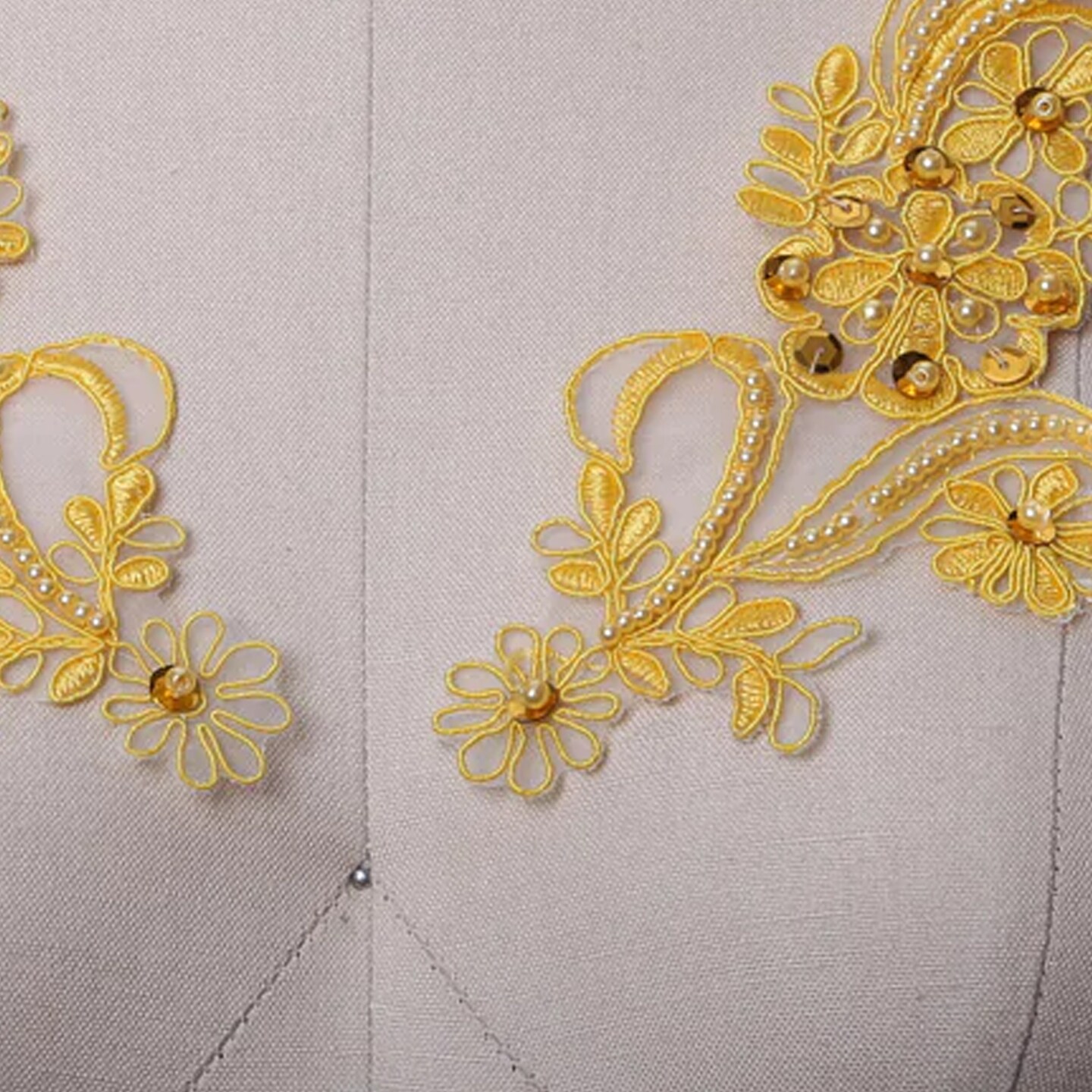 Yellow Beaded Lace Applique Pair With Pearl Detail 8.5 X 3.5 Inch