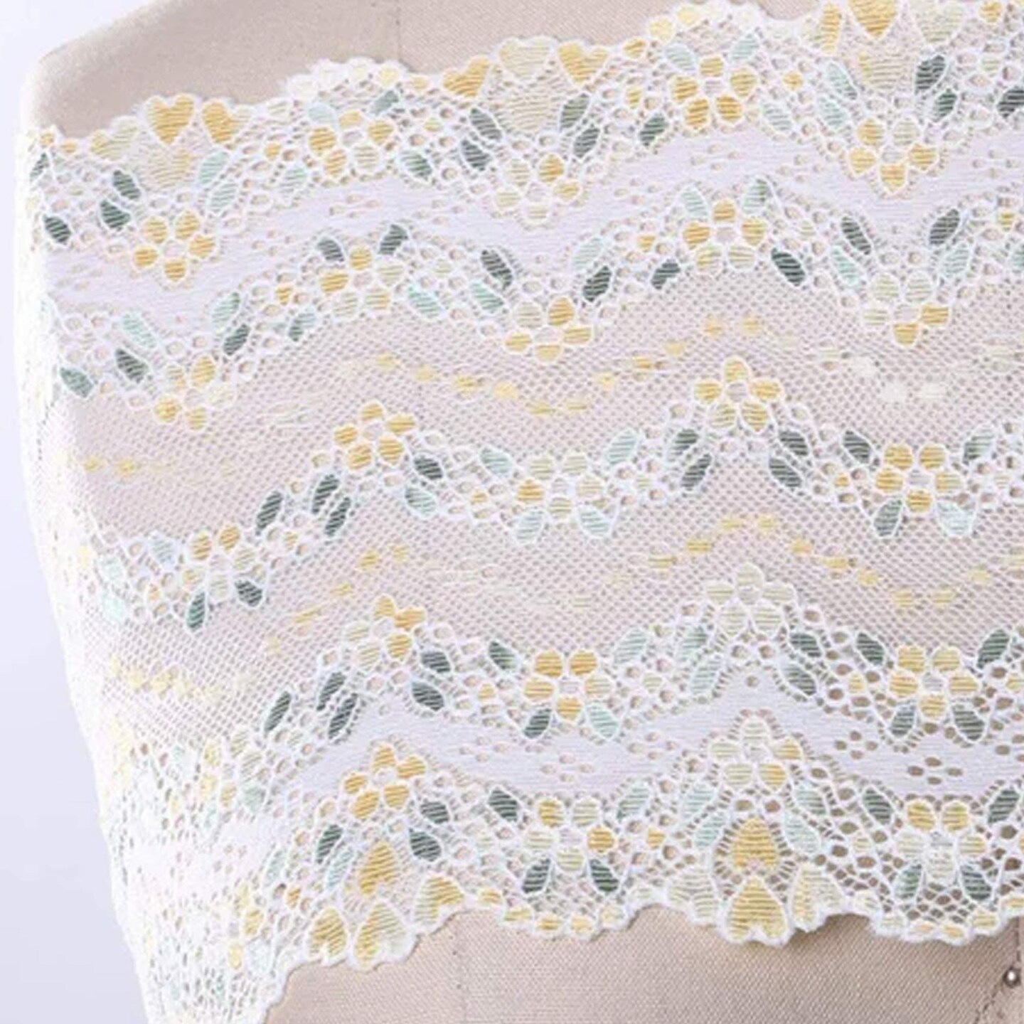 1 Yard 7" Wide Yellow Floral Stretch Lace Trim Lemony Flowers & Green Leaves on White