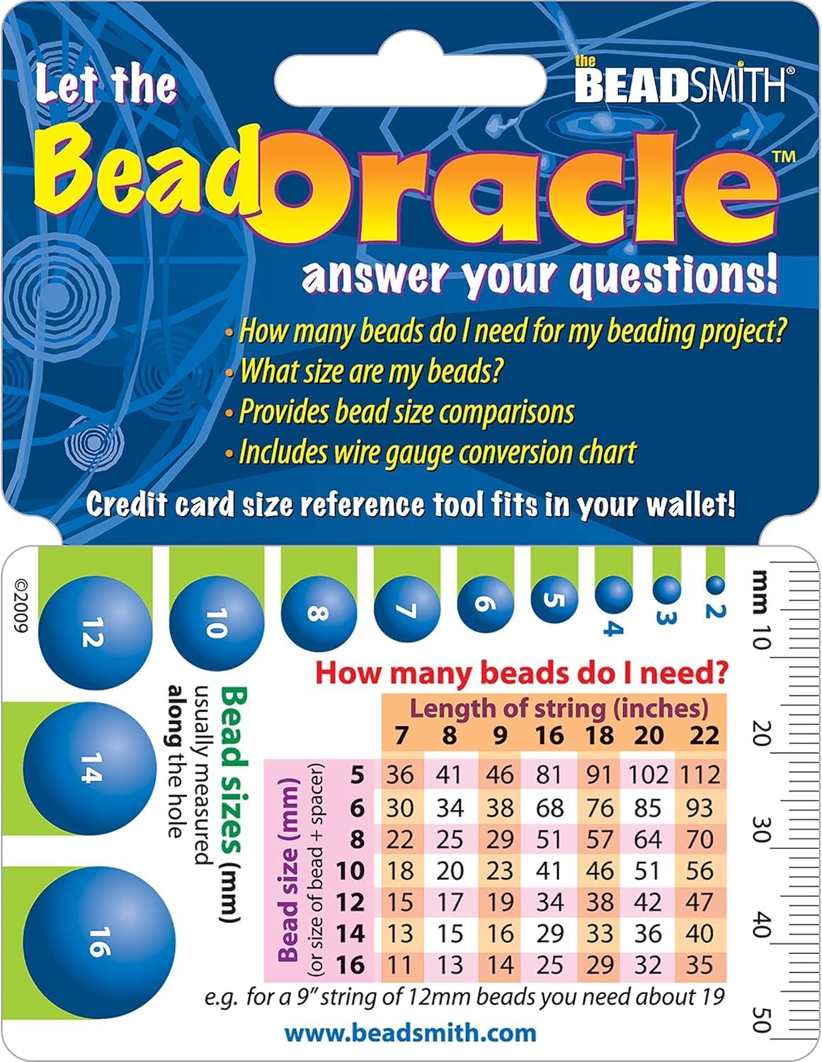 The Beadsmith Bead Oracle &#x2013; Beader&#x2019;s Reference Card &#x2013; Wallet Sized &#x2013; Resource to Determine Bead Sizes, Wire Gauge Conversion Chart, Measurement Comparisons &#x26; Project Quantities