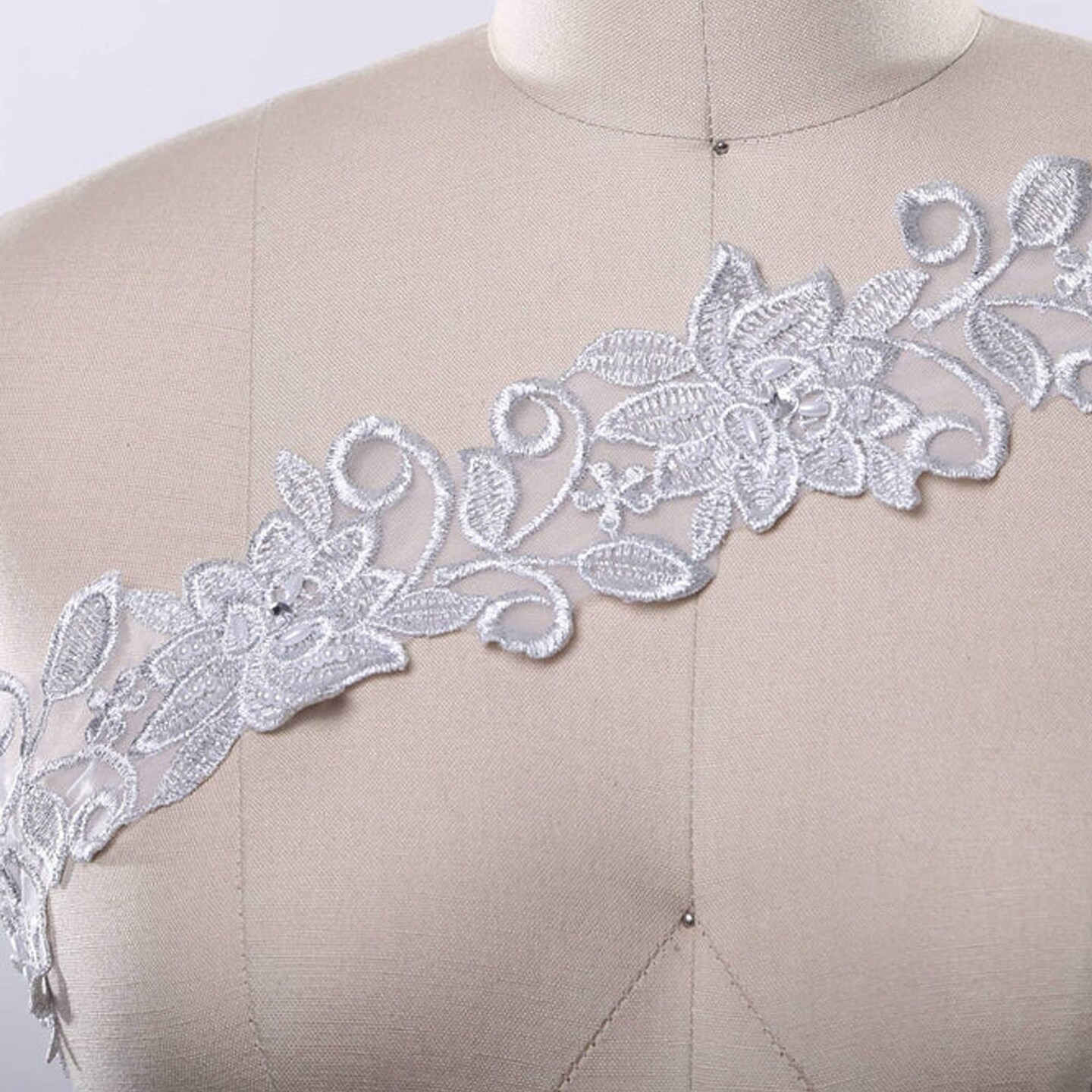 1 Yard 3 Inch Silver Beaded Floral Bridal Lace Trim on Organza