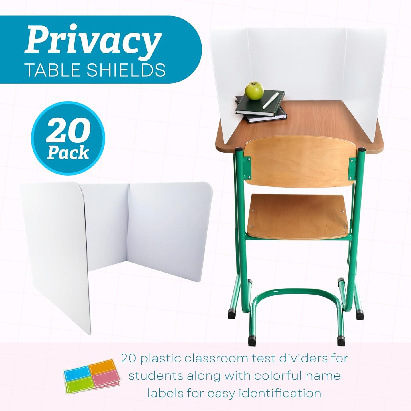 4E's Novelty Plastic Desk Dividers for Students 20 Pack, Bulk White Desk Privacy Panel - Plastic Classroom Dividers, Testing Dividers for Classrooms, Easy-to-Clean Durable, with Labels