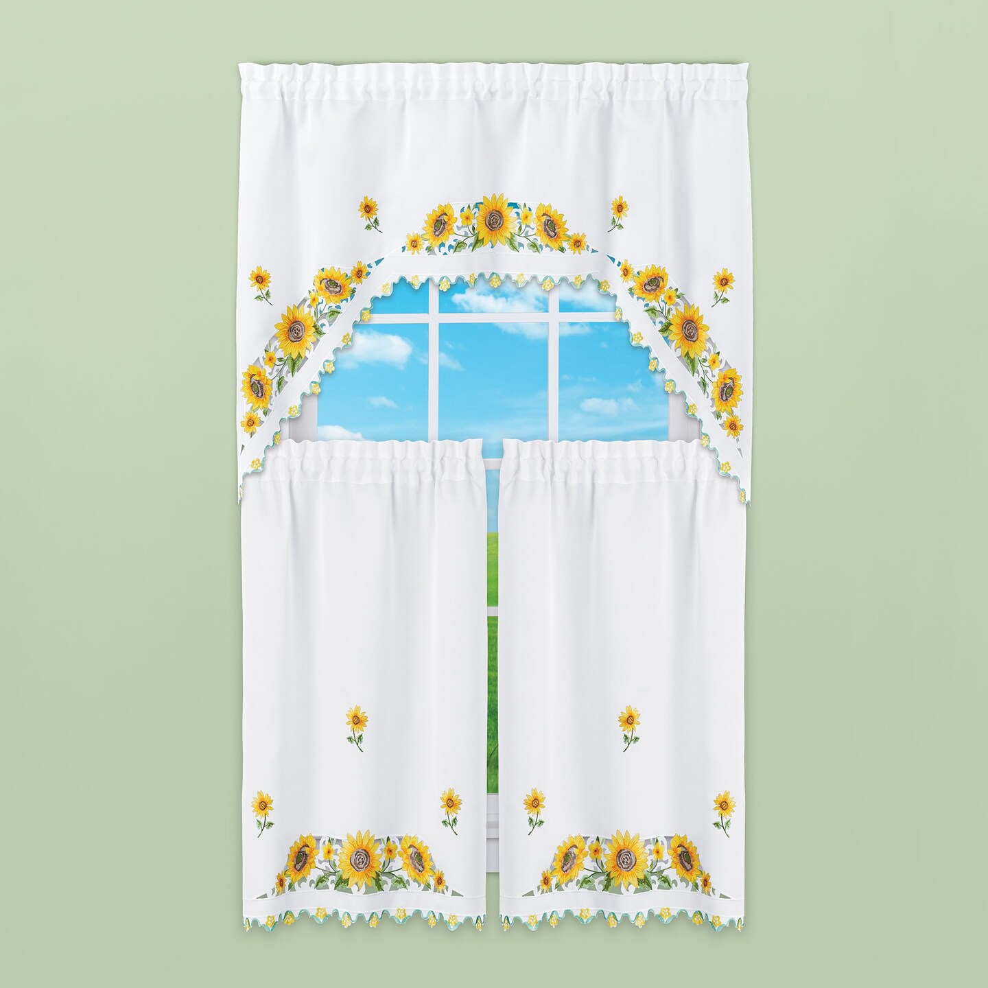 Collections Etc Pretty Sunflower Embroidered Café Kitchen Curtains