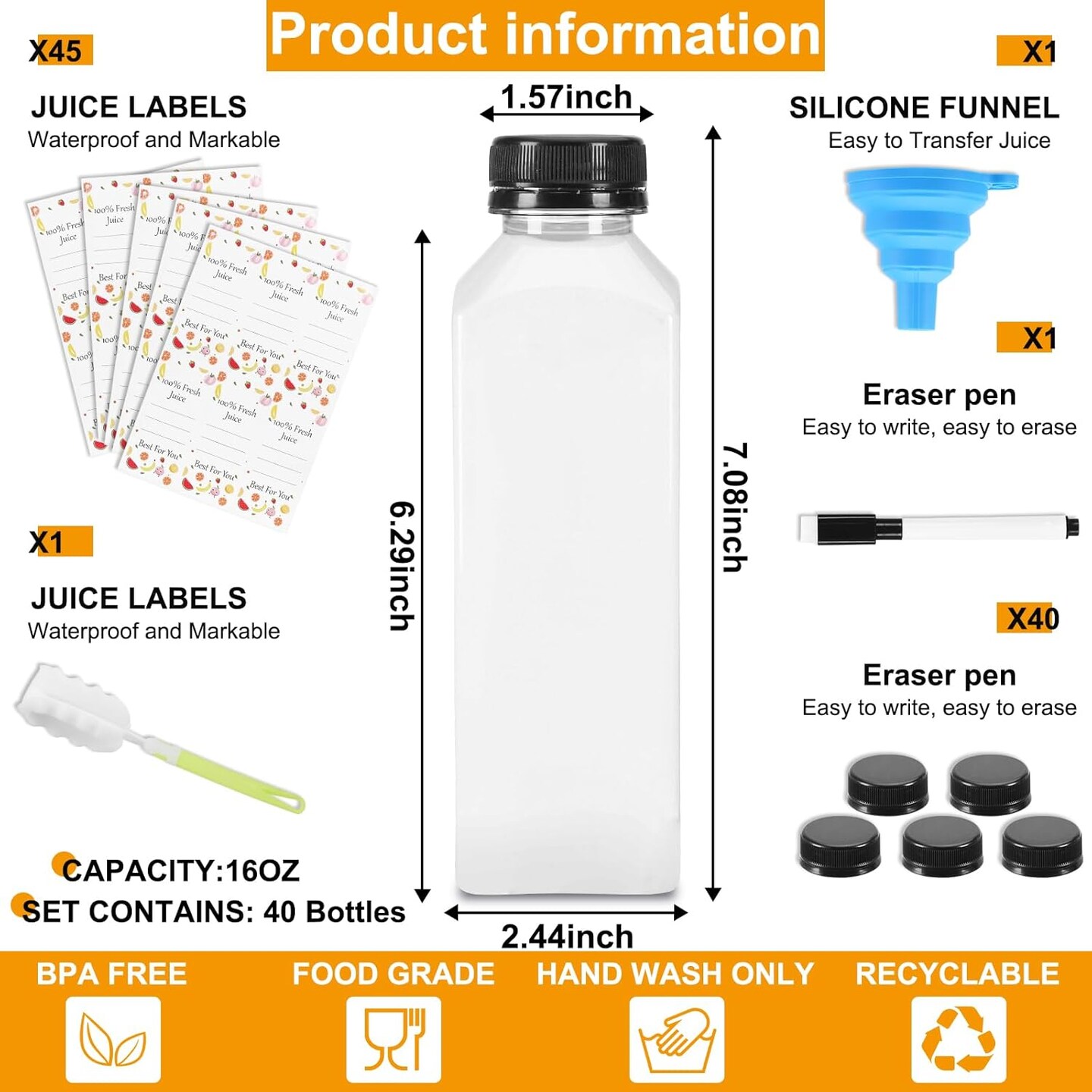 40Pcs 16 oz Empty Plastic Juice Bottles with Caps