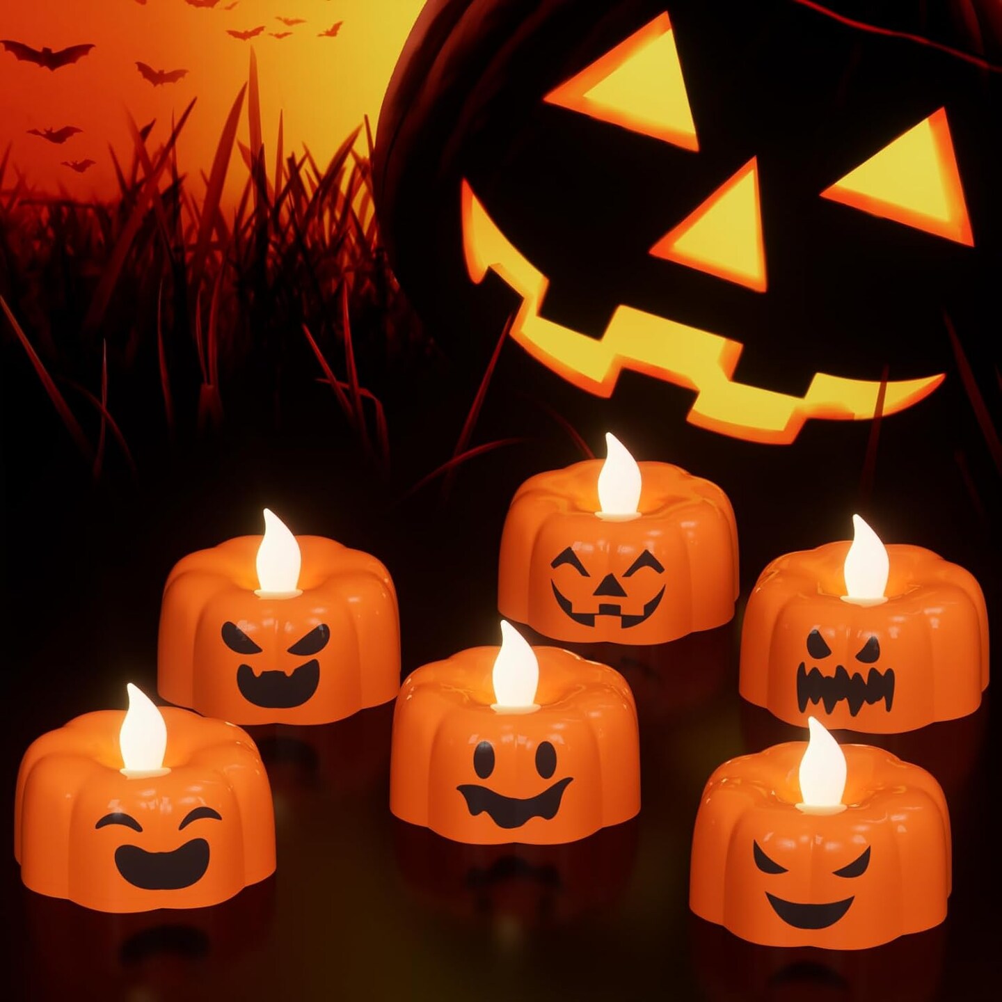 Halloween Pumpkin Lights Flameless Candles 6H Timer-(6Pcs,1.9"×1.6")