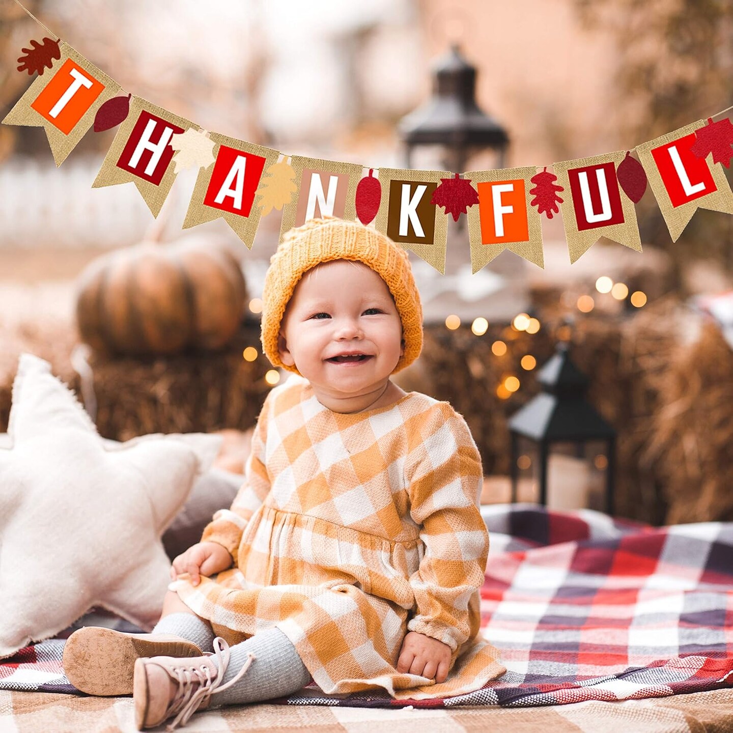 Thankful Burlap Banner Fall Autumn Maple Leaves Rustic Burlap