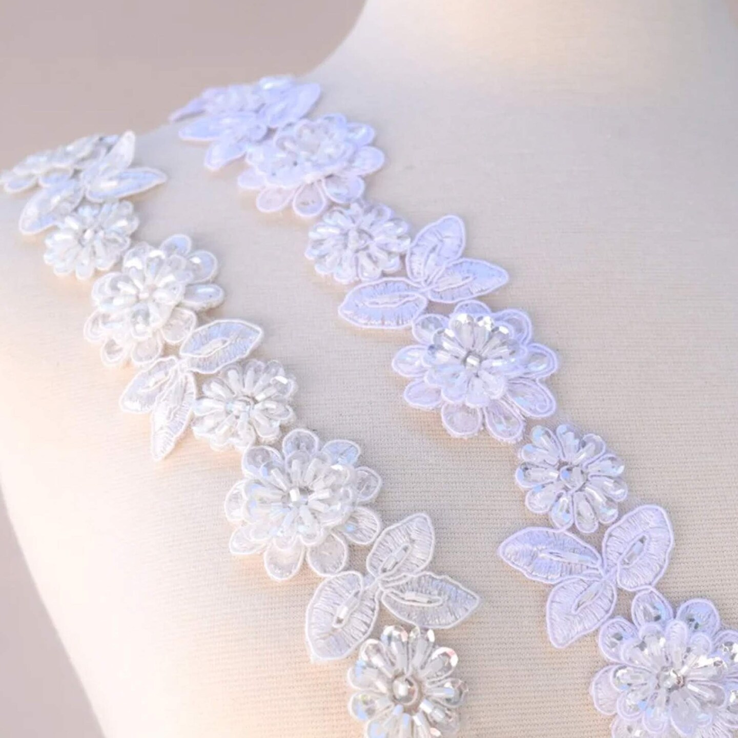 18 Inches Ivory Lace Trim with Beaded 3D Flower and Leaf Embellishments