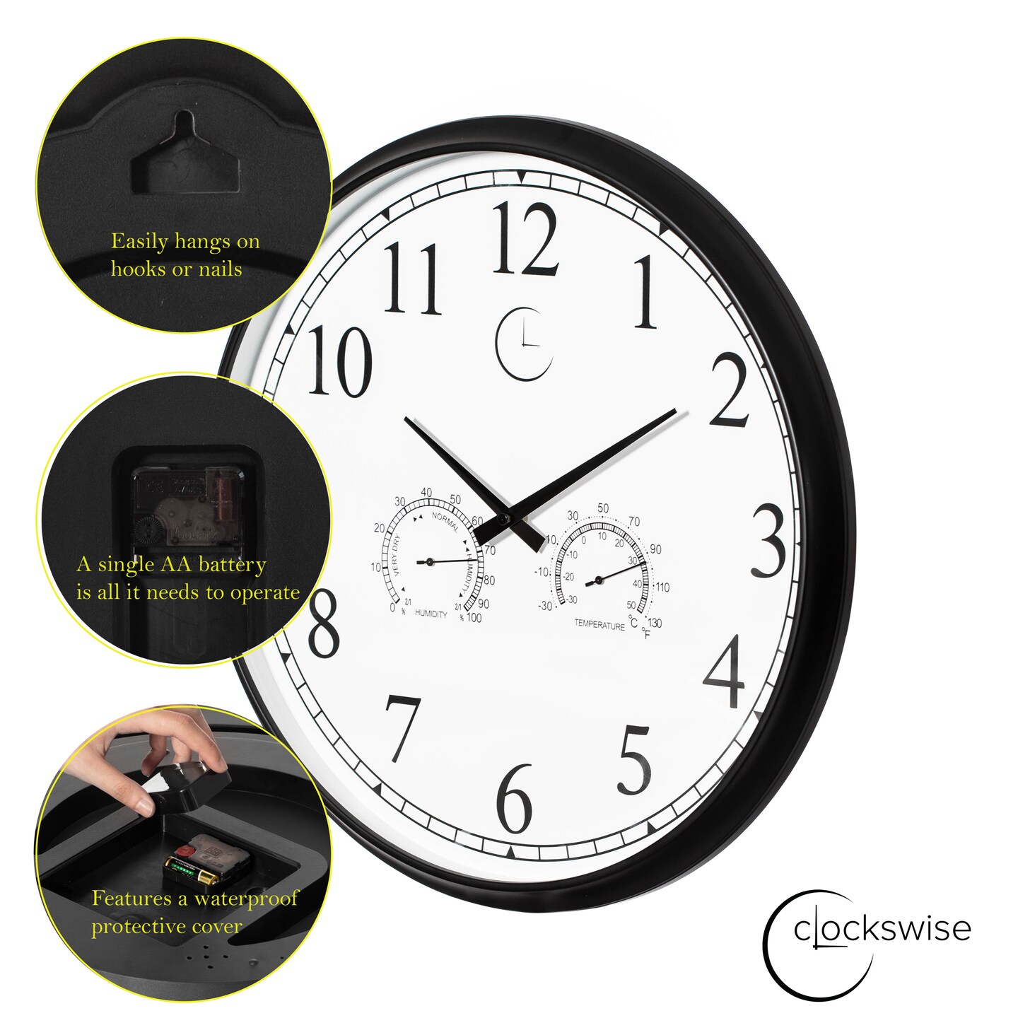 Large Outdoor Wall Clock Thermometer Combo, Waterproof Hygrometer Silent Battery Operated Clocks Timepiece Garden Weather Master Station for Home Indoor or Patio Pool Photography Props Black